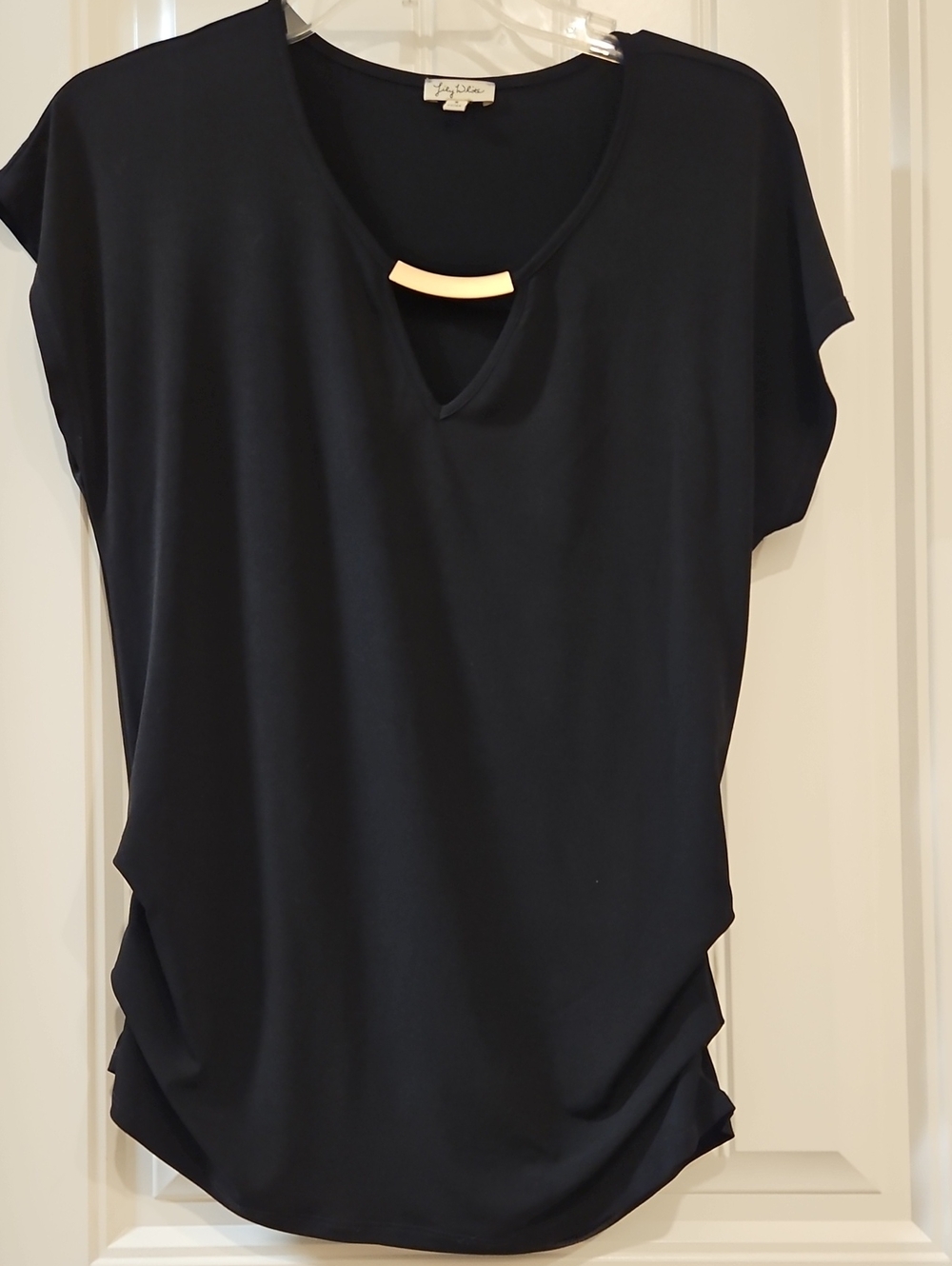 Lily White Black Short Sleeve V-Neck Tee with Gold Accent